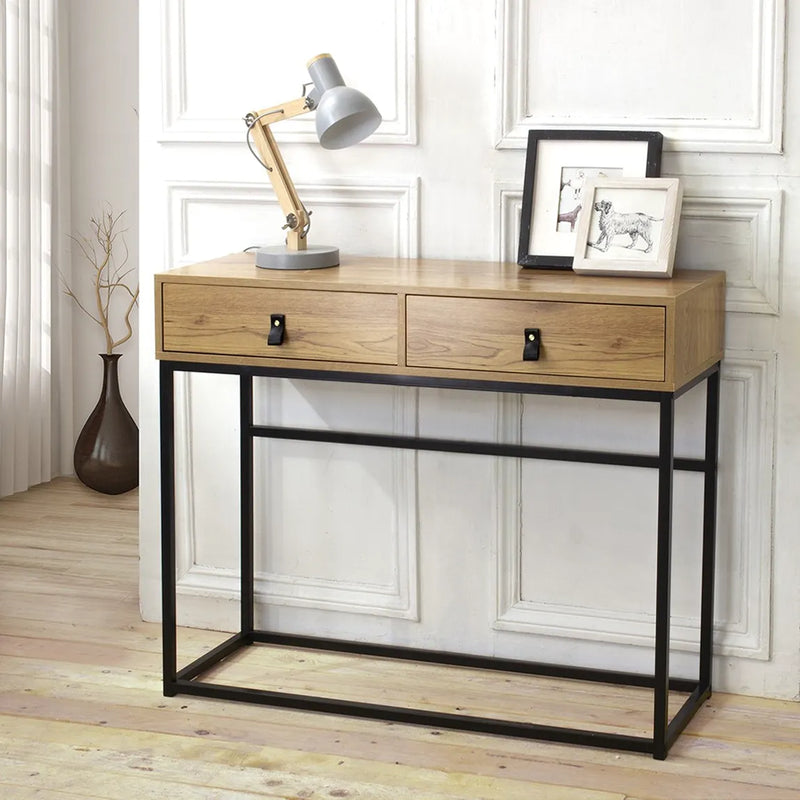 Console Table With  2 Drawers With Oak Effect Metal Legs (Pre Order For Early May) - Giftworks