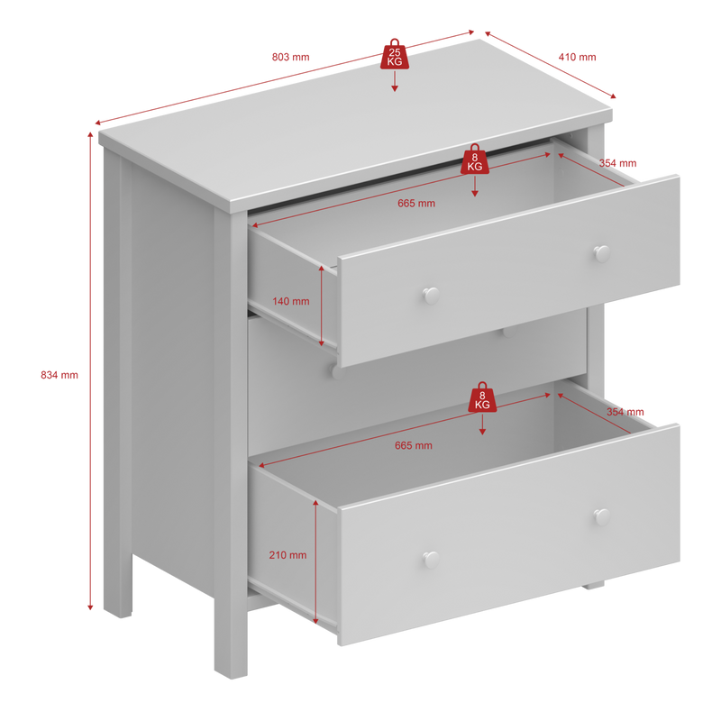 3 Drawer Chest – Off White - Giftworks