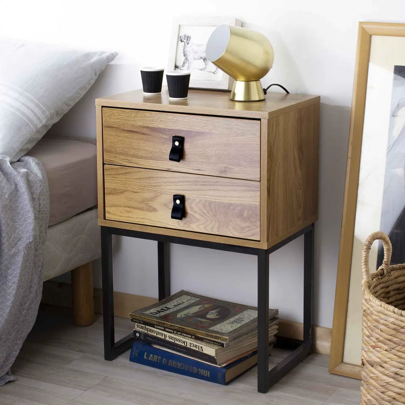 Side Table With 2 Drawers With Oak-Effect Metal Legs (Pre Order For Early May) - Giftworks