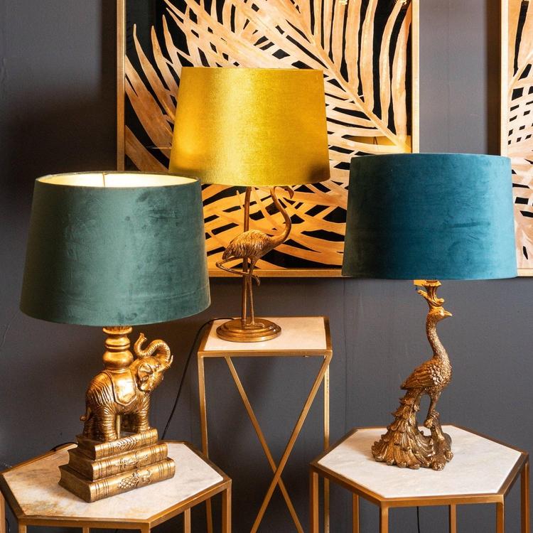 Antique Gold Peacock Table Lamp With Teal Velvet Shade (Pre Order For Early November) - Giftworks
